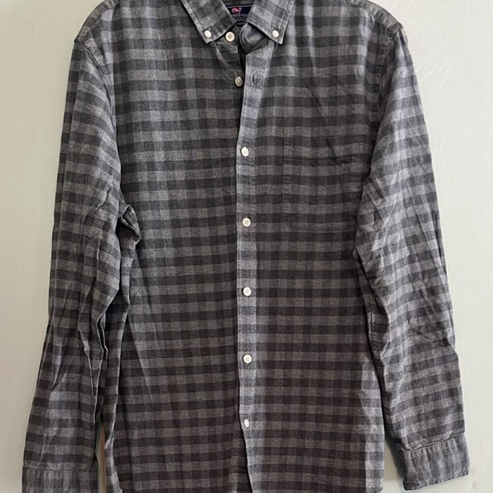 Vineyard Vines Murray‎ Shirt Men Lg Gray Slim Fit Checkered BBQ Clambake Hipster